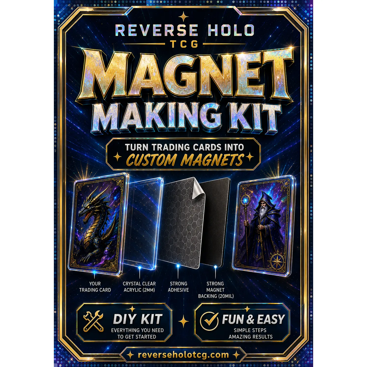 Reverse Holo TCG Magnet Making Kit - Transform Trading Cards into Custom Magnets with Crystal Clear Acrylic & Flexible Magnets for Pokémon Yu-Gi-Oh Magic The Gathering & More