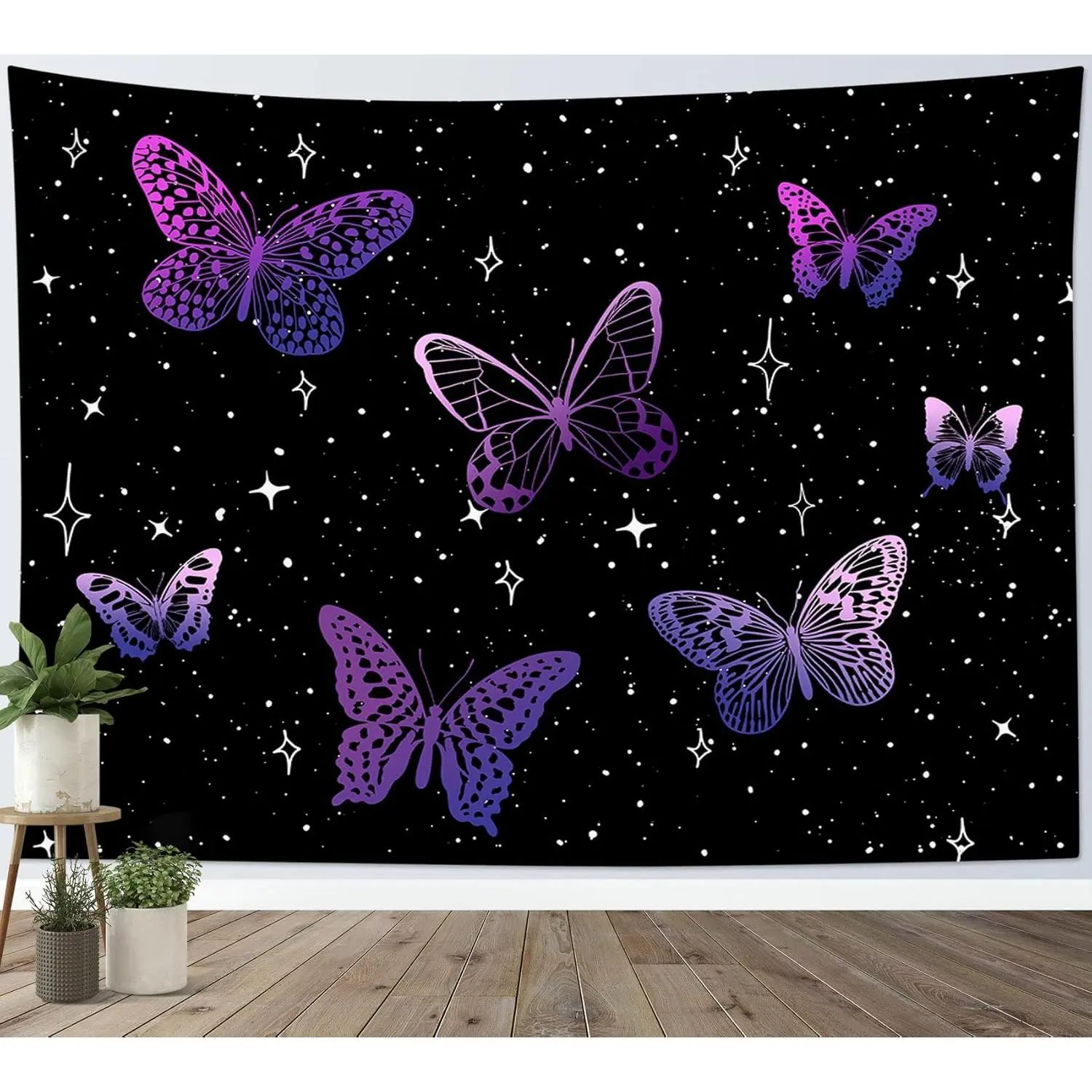 Purple Butterfly Tapestry Wall Hanging Black Starry Night Sky with Celestial Galaxy Wall Tapestry Bohemian Wall Decor for Bedroom Living Room Dorm, 40L x 60W Inches