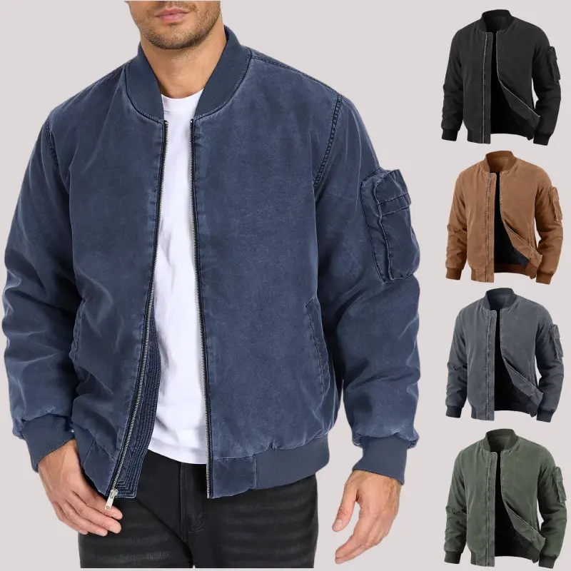 Mens Vintage Bomber Jacket Washed Fall Winter Warm Military Jackets Casual Padded Coats Windbreakers Long Sleeve Fashion