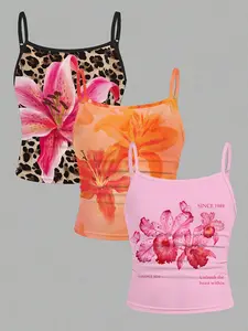 3-Piece Sleeveless Tank Tops Set, Y2K Style Girls' Floral Print, Lily/lotus & Leopard Print, Elastic Comfort, Summer Casual Off-Shoulder Top
