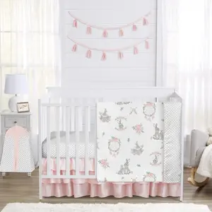 Sweet Jojo Designs 4-Piece Baby Crib Bedding Set (Woodland Bunny Floral) for Girls, Infants/Nursery incl. Blanket, Fitted Sheet, Skirt, Diaper Stacker (Shabby Chic, Boho, Flower, Bohemian, Grey Arrow)