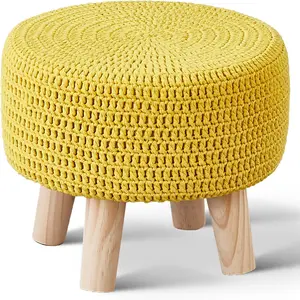 Small Ottomans,  Hand Knitted Pouf, Round Footrest with 4 Non-Skid  , Boho Decor Cotton Rope Pouffe Beside Sofa, Leisure Floor Step Chair for Living Room (Yellow)
