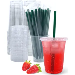 12 oz Clear Plastic Cups with  and Straws, Disposable Coffee Cups 25 Sets