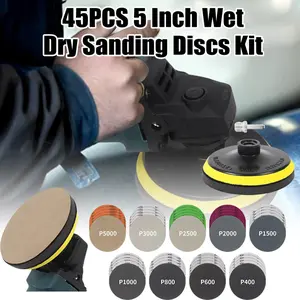 45PCS 5 Inch Wet Dry Sanding Discs Kit with Hook and Loop Backing Pad 5/8-11 and Foam, Angle Grinder Drill Sanding Attachment, Sander for Drill 400 To 5000 Grits Sandpaper for Wood Metal Car, Cars Accessories