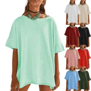 Imily Bela Women's Oversized T Shirts Casual Summer Crew Neck Loose Dropped Short Sleeve Side Slit Hem Blouse Tunic Tops Sweaters