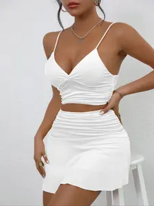 Women's Solid Crop Short Cami Top & High Waist Skirt Two-piece Set, Casual Fashion Cozy Two Piece Outfits for Daily Outdoor Wear, Ladies Clothes for Summer