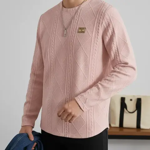Men's Casual Long Sleeve Fitted Knit Knitwear Pullover Sweatshirt T-Shirt, Menswear, Comfortable and Stylish, Perfect for Daily Wear, Available in Various Sizes
