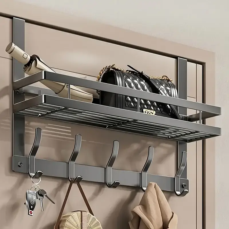 1pc Heavy-Duty Door Mount Metal Hook Organizer - No Drill Installation, Space-Saving Room Storage Rack - Sturdy, 5-Hook Design Holds Heavy Items, Clothes, Bags, Hats, Keys - Ideal for Bathrooms, Bedrooms, Closets, Apartments
