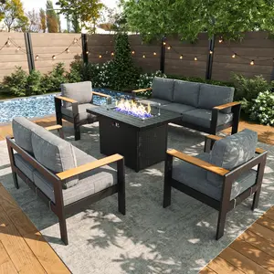 LayinSun Aluminum Outdoor Furniture Set with Fire Pit Table, Outside Patio Deep Seating Conversation Set with Upgraded Washable Thick Cushion
