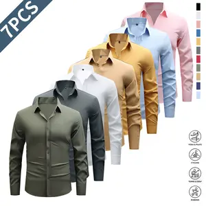 7-Pack Men's Elastic Slim Fit Pocketless Dress Shirt, Light Business Lapel Long Sleeve Shirt, Men's Business Shirt, Anti-Wrinkle and Durable Solid Color Dress Long Sleeve Shirt, Suitable for Work, Commuting, Dating