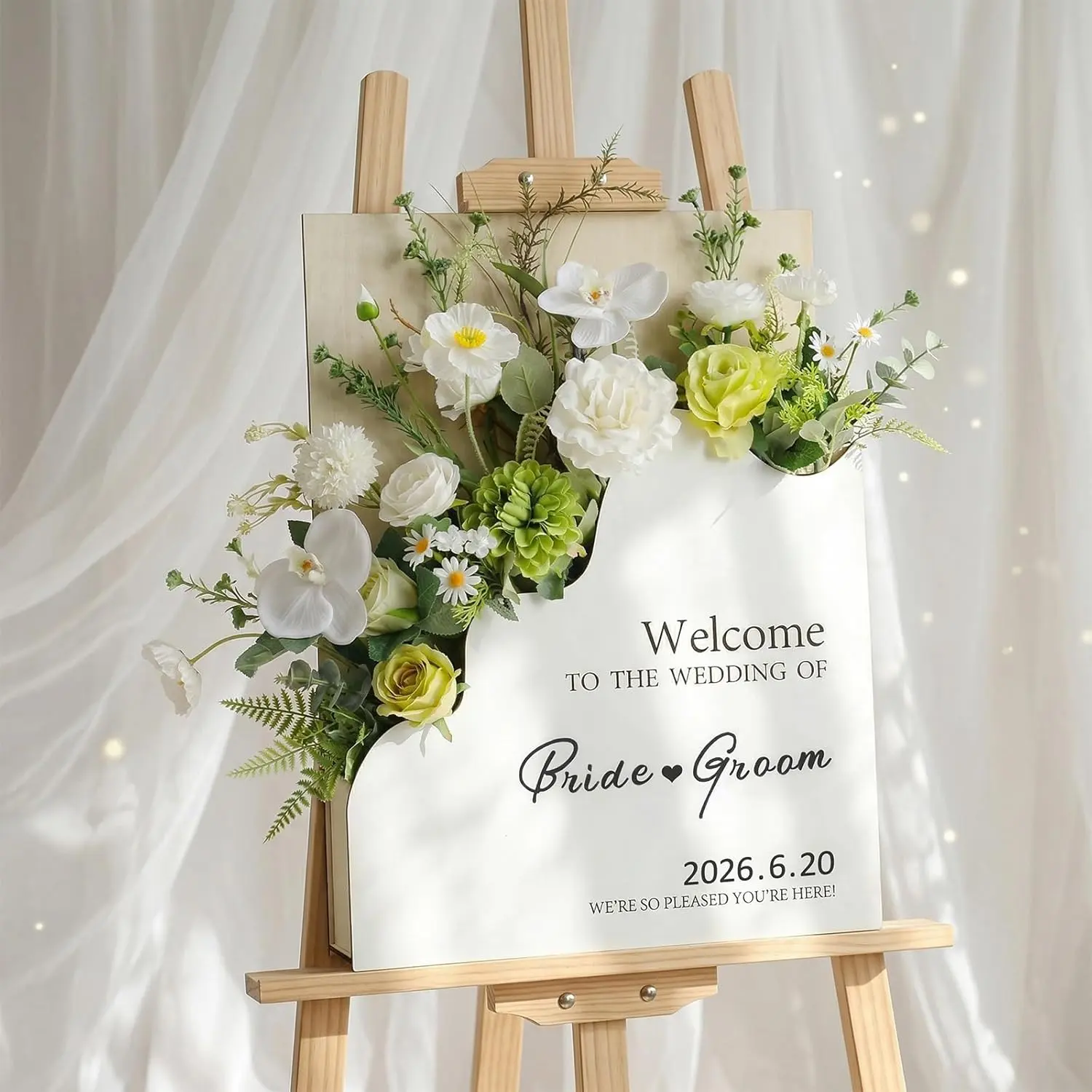 RattanView Wooden Custom Wedding Welcome Sign, 24x18in Decorative Lightweight Plaque with Flower Box, 4 Floral Vase Slots, Vinyl Stickers & Photo Space for Wedding Reception Indoor-Outdoor Decor, Anniversary