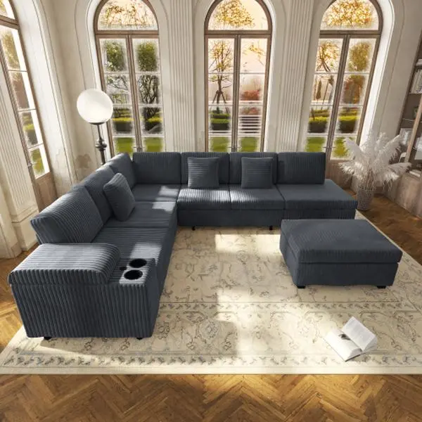 Aobtkel 110.2" L-Shaped Sectional Sofa with Pull Out Sleeper Bed, Plush Corduroy Couch, Removable Ottoman, Hidden Armrest Storage, USB Type-C Charging Ports, Cup Holders, Convertible Sofa Bed for Living Room Apartment, Dark Gray,Beige,Camel