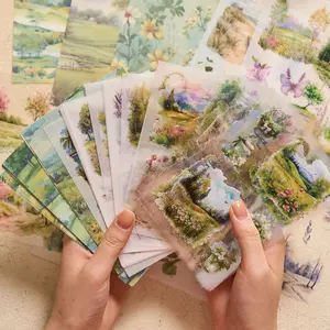 54 Pcs Pet Sticker Material Pack, Art Stickers + Paper Set, Vintage Landscape Handmade DIY Decoration Supplies, Craft Kit for Journaling