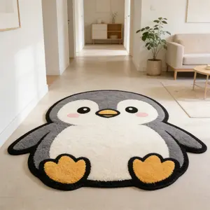 Cute Penguin Alien Carpet Grey White Yellow Contrast Plush Floor Mat Children's Room Anti slip Water absorbing Foot Mat Bedside Decorative Mat Compatible with Ins Style/Healing Home Decoration