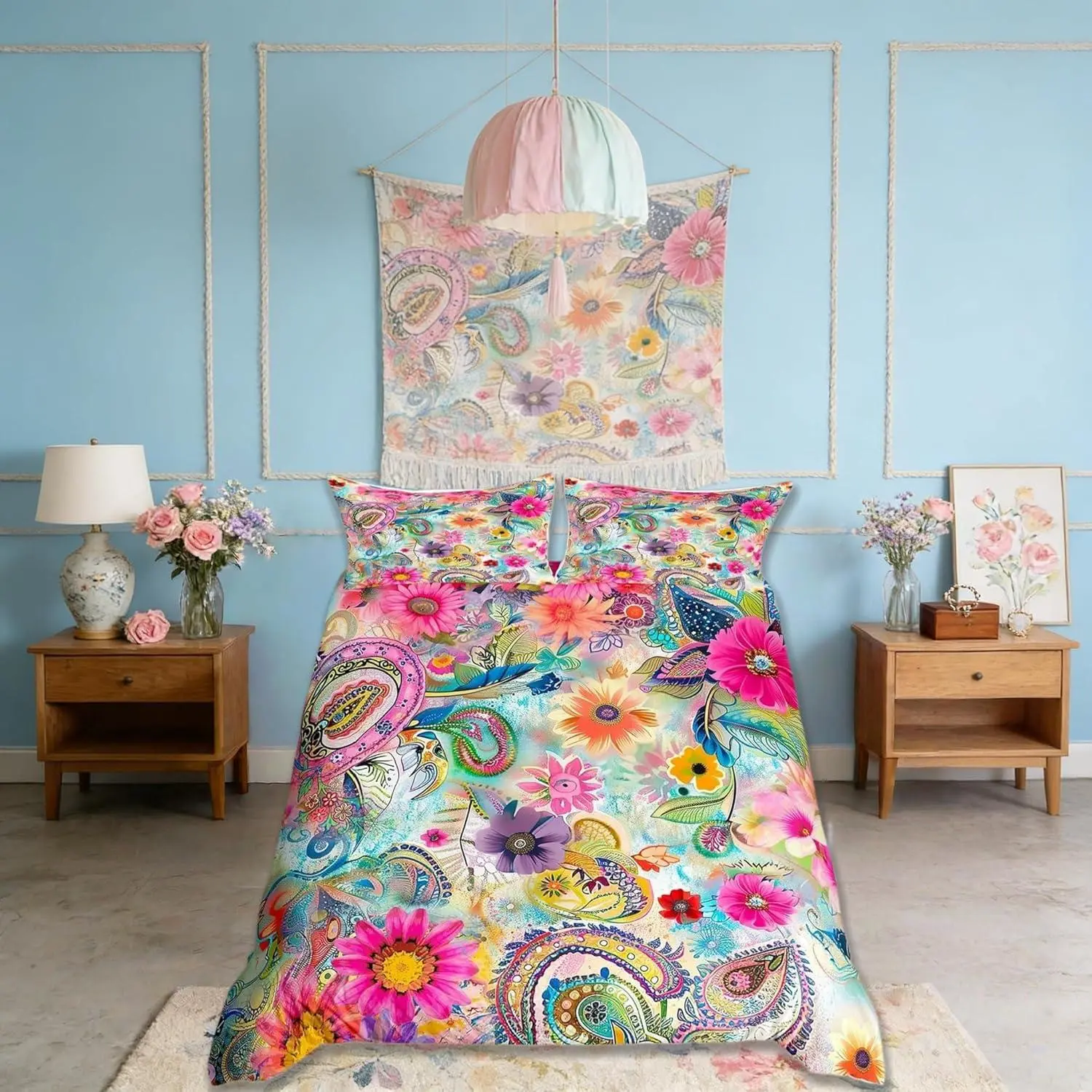 Daisy Flowers Tie Dye Bedding Set,Colorful Paisley Print Duvet Cover Set for Kids Room Decor Microfiber Comforter Cover,Romantic Boho Pink Floral Quilt Cover,(No Comforter)