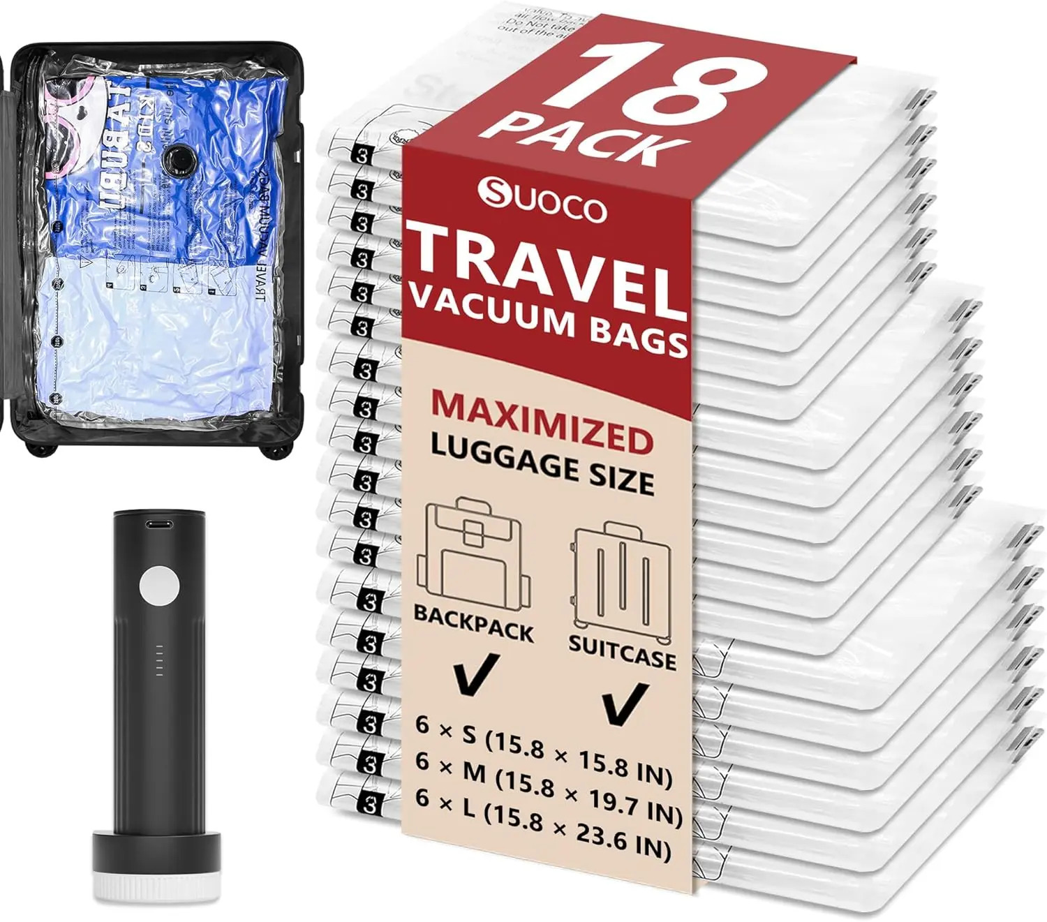 Travel Vacuum Compression Bags, 18 Combo Set with Rechargeable Electric Pump. Space Saver Seal Bags & Packing Cubes, Durable Organizer for Clothes, Luggage, Suitcase, Vacation, Cruise & Daily Storage