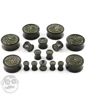 Ebony Wood Plugs With Brass Beaded Swirl Inlay
