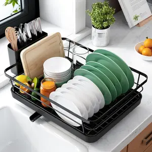 Stainless Steel Dish Drying Rack - 12''W x 15.5''L Black Waterproof Kitchen Counter Space Saver, Rotatable Plastic Metal Organiser with Cutlery Holder, Easy-Installation Sink Storage Essential