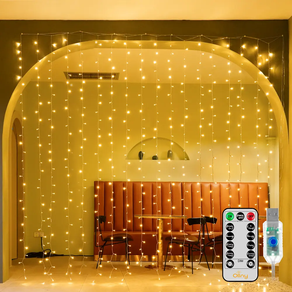 Ollny Curtain Lights 300 LED 9.8 FTx9.8 FT, Outdoor Waterproof Curtain String Lights with Remote Timer 8 Modes, USB Waterfall Window Lights for Wall Backdrop Home Party Holiday Birthday Christmas Halloween Decorations