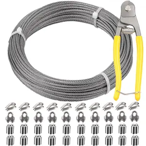 1/8 Inch Stainless Steel Wire Rope Kit, 7x7 Strands, 100 ft Length, With Cable Cutters, Sleeves, Thimbles, Clips, For Climbing Plants, Deck Railing, Fencing, Outdoor Hanging