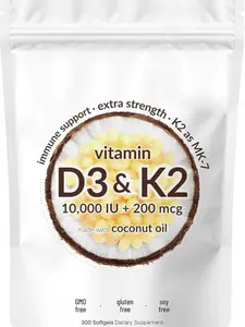 Vitamin D3 10,000 IU + K2 MK-7 200 mcg, 180 Softgels | Virgin Coconut Oil | 2-in-1 Bone, Immune & Heart Support | Easy to Swallow, Non-GMO