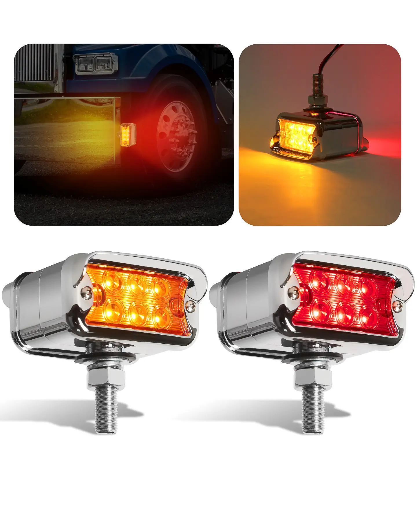ASNOO 2PCS Dual Revolution 12 LED Turn Signal Marker Lights w/Visor, Chrome Double-Face Auxiliary Bumper Pedestal Auto Parts Accessories for Freightliner, Peterbilt