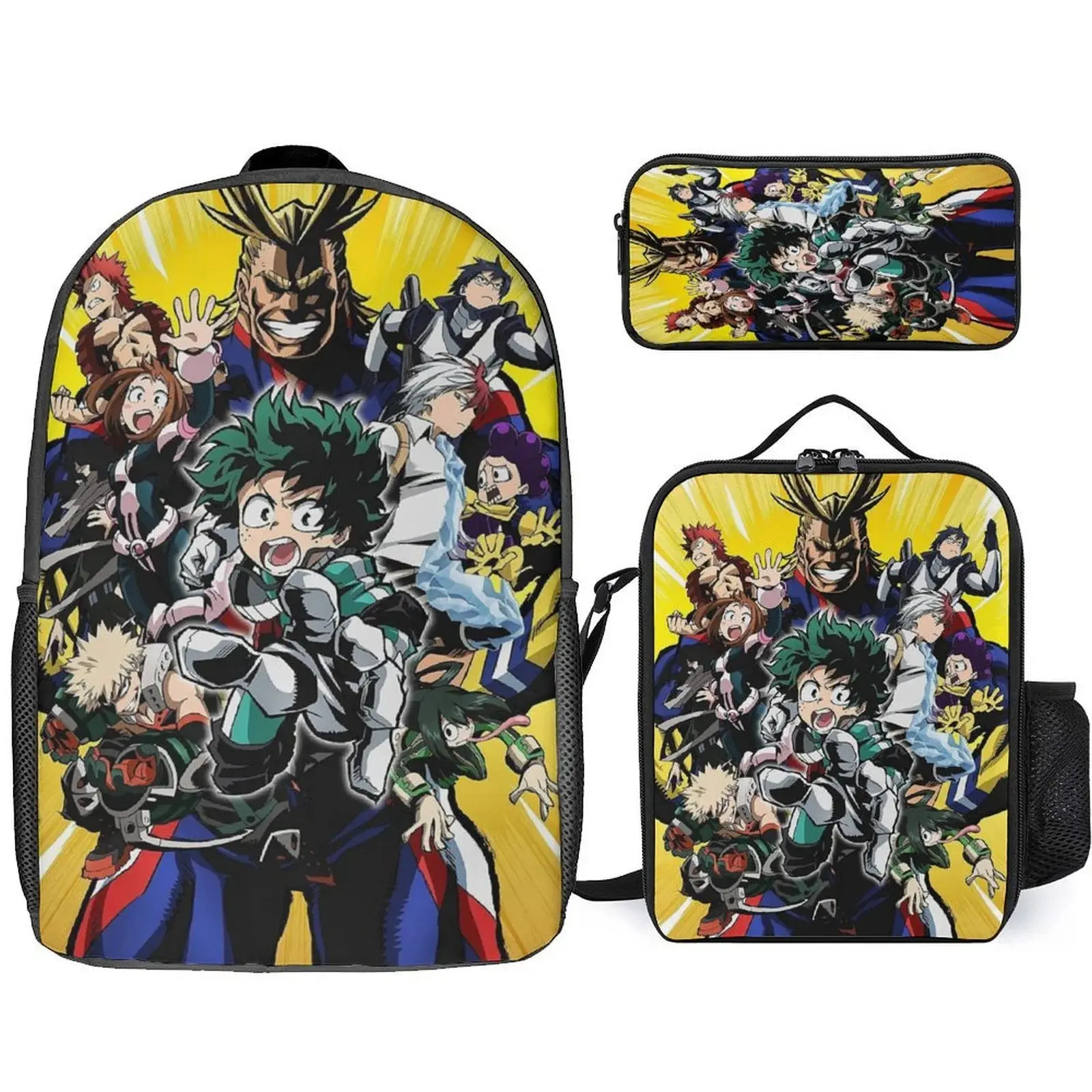 My Hero Academia Izuku Midoriya Chic 3-Piece Synthetic Nylon Backpack Set - High-Capacity Laptop-Fit Bookbag, Lunch Bag, Pencil Case for Students, Fishing