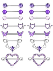 7 Pairs 14G Nipple Rings Steel Nipple Piercing CZ Heart Butterfly Barbell Tongue Rings Set Cute Nipple Tongue Piercing Jewelry Body Piercing Jewelry for Women