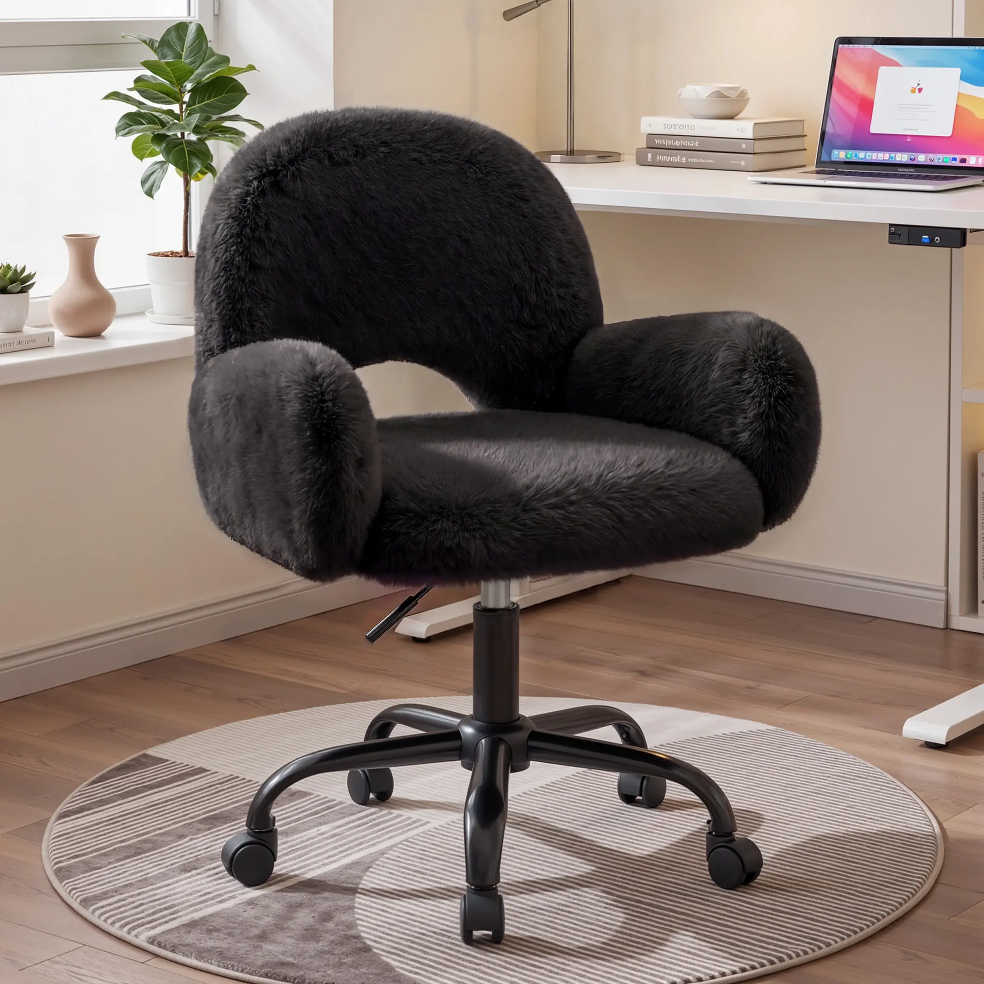 Raybee Faux Rabbit Fur Vanity Chair with Back, Desk Chair with Arms & Wheels, Cute Office Chair for Make-up Room, Bedroom, Home Office, Salon, Height Adjustable
