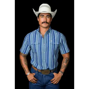 Men's Striped Western Shirt, Short Sleeve Pearl Snap with Wrinkle-Resistant Stretch Fabric, UPF+ & Sunglasses Pocket