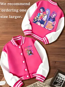 Girls' Short Baseball Jacket, Cartoon Girl Pattern, Playful Prints, Elastic Fabric, Preppy Style, Fall & Winter Outerwear, Kids' Sports Clothing