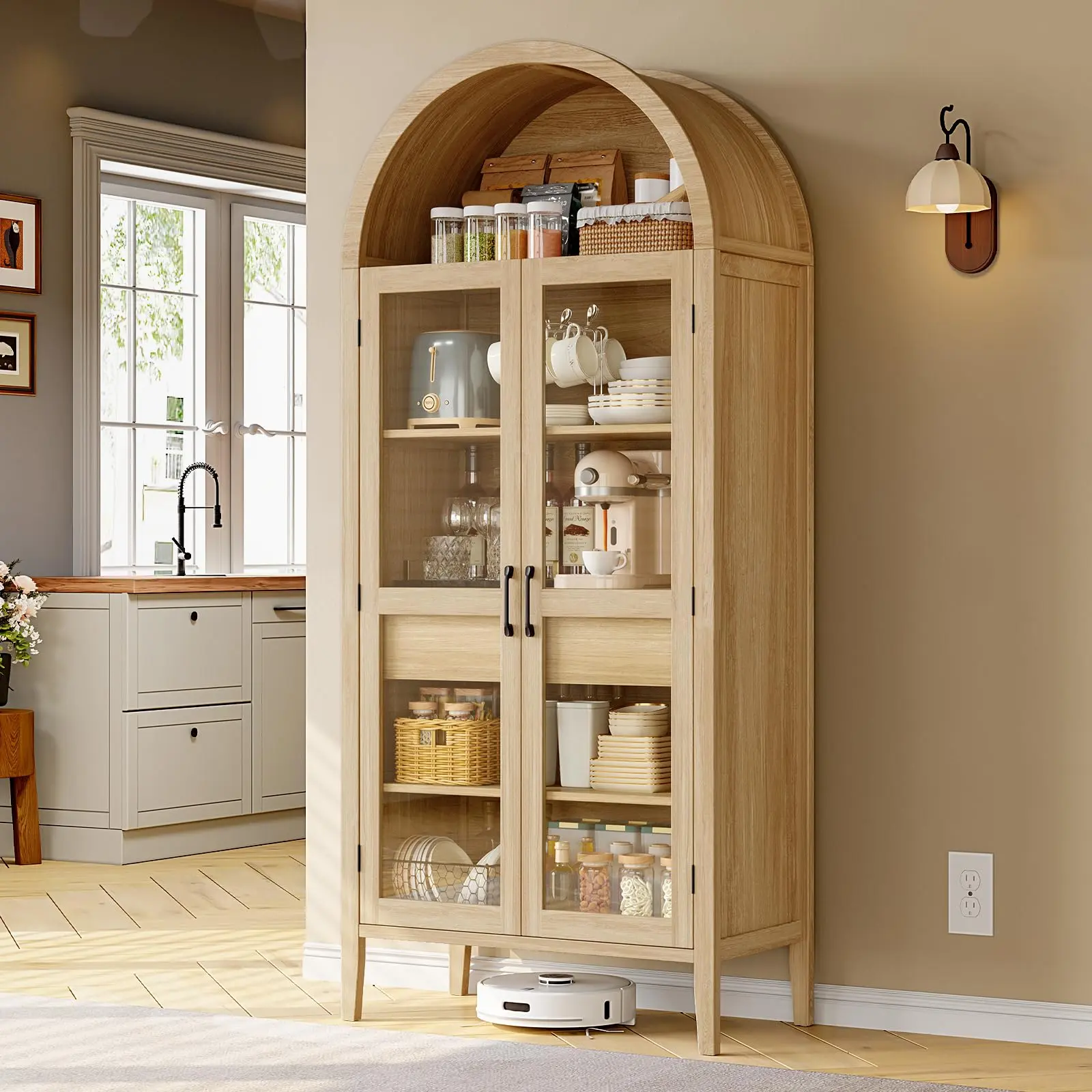【BackToSchool】ONBRILL 71" Tall Arched Cabinet, 5-Tier Arched Kitchen Pantry with Glass Doors & Drawer, Modern Display Pantry Cabinets with Adjustable Feet, Wooden Pantry for Kitchen, Living Room Furniture, Dining Room Furniture