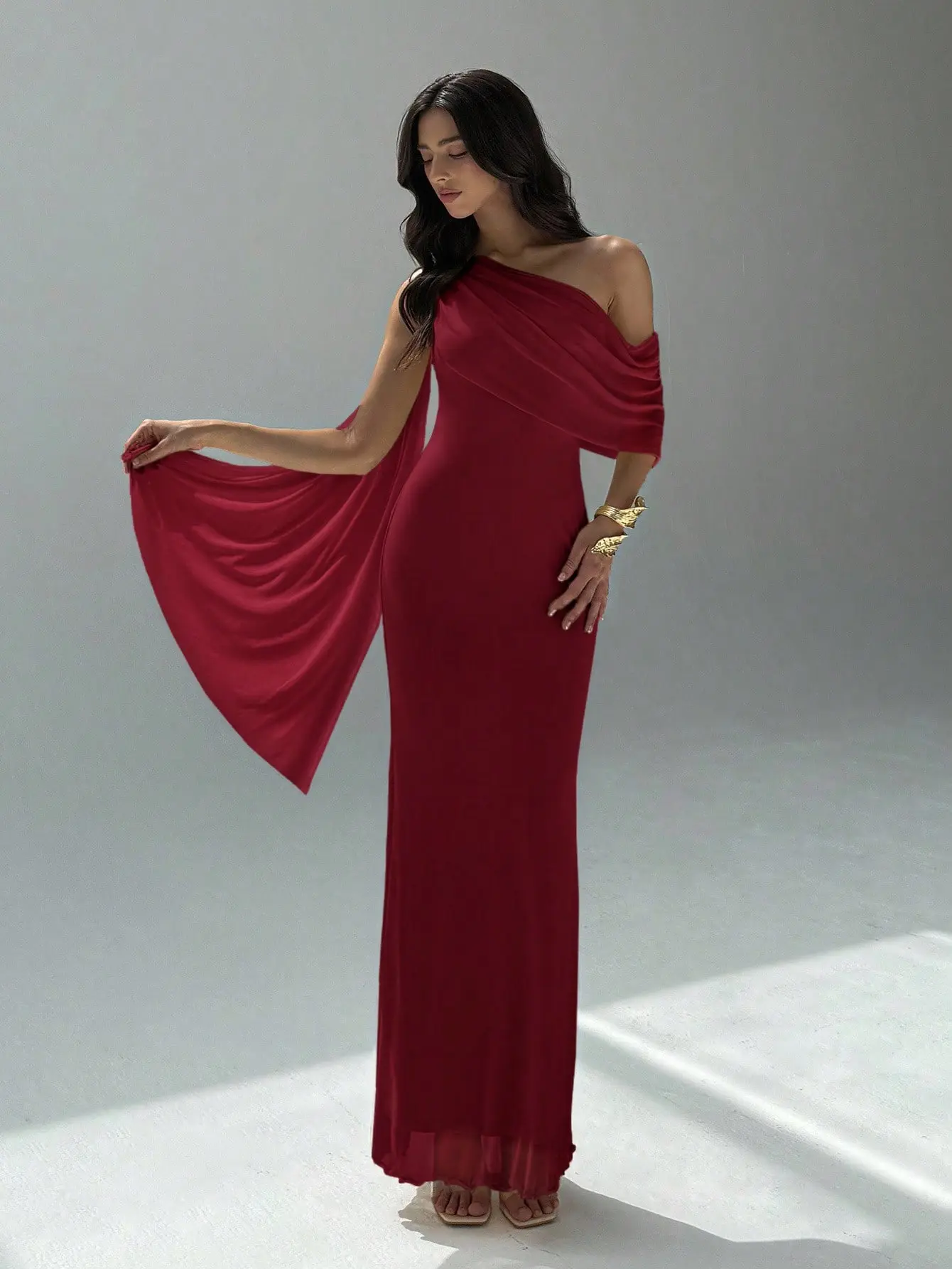 Asymmetric Neckline Minimalist Solid Color Fitted Dress For Women,Prom Dress,Fall Wedding Guest Dress,Wedding Guest Dress Women