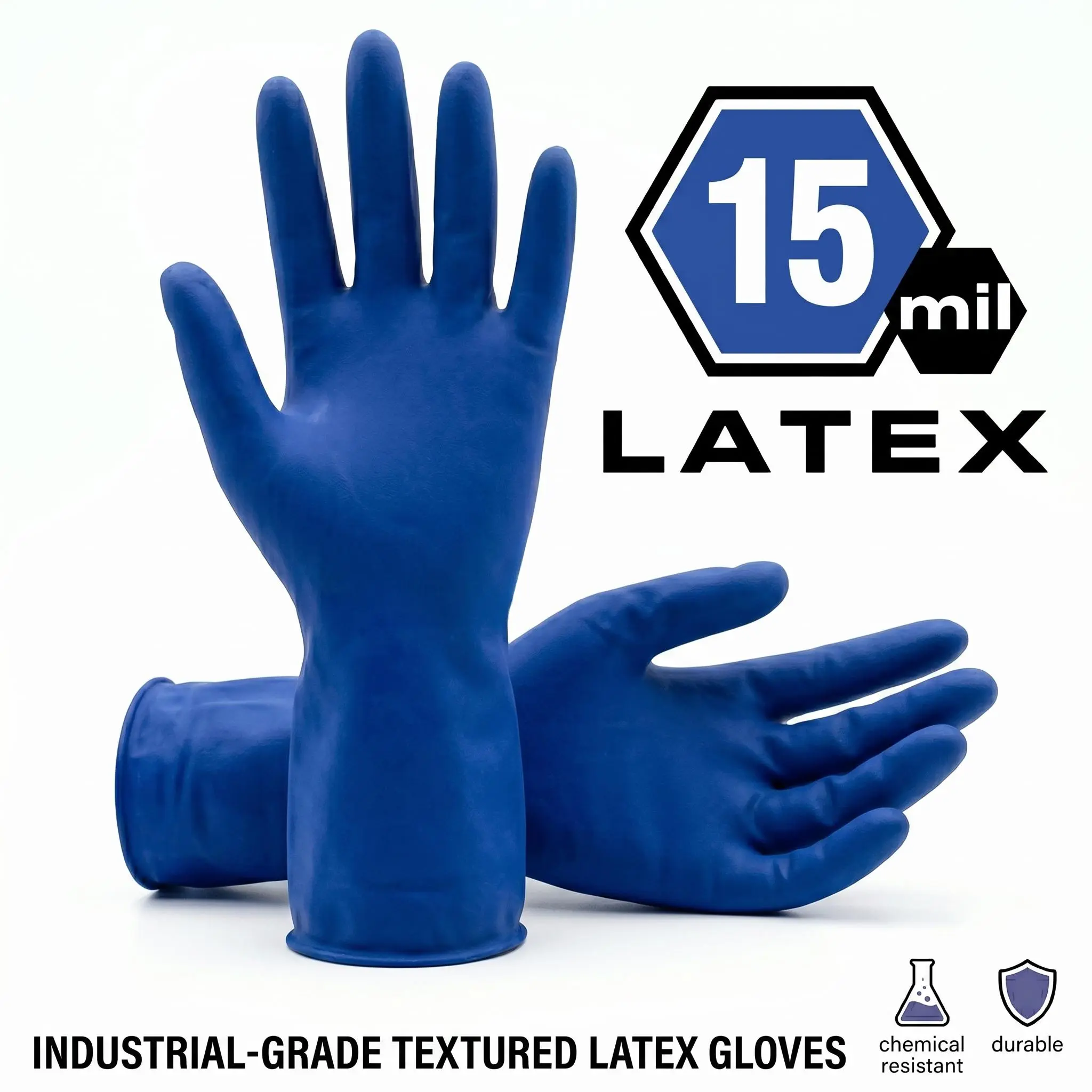 WALOTNAY 15 Mil /14 Mil Thickness Latex Disposable Gloves Powder-Free Exam Grade.Dark Blue, 12" Length, Extended Beaded Cuff, Low Protein Count, Fully Textured for Superior Grip. Pack of 50, Heavy Duty Gloves for Cleaning, non-slip, Toilet Hand Hand Pro