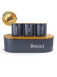 MegaChef Bamboo Countertop 4-Pc Metal Bread Basket & Canister Set Gray