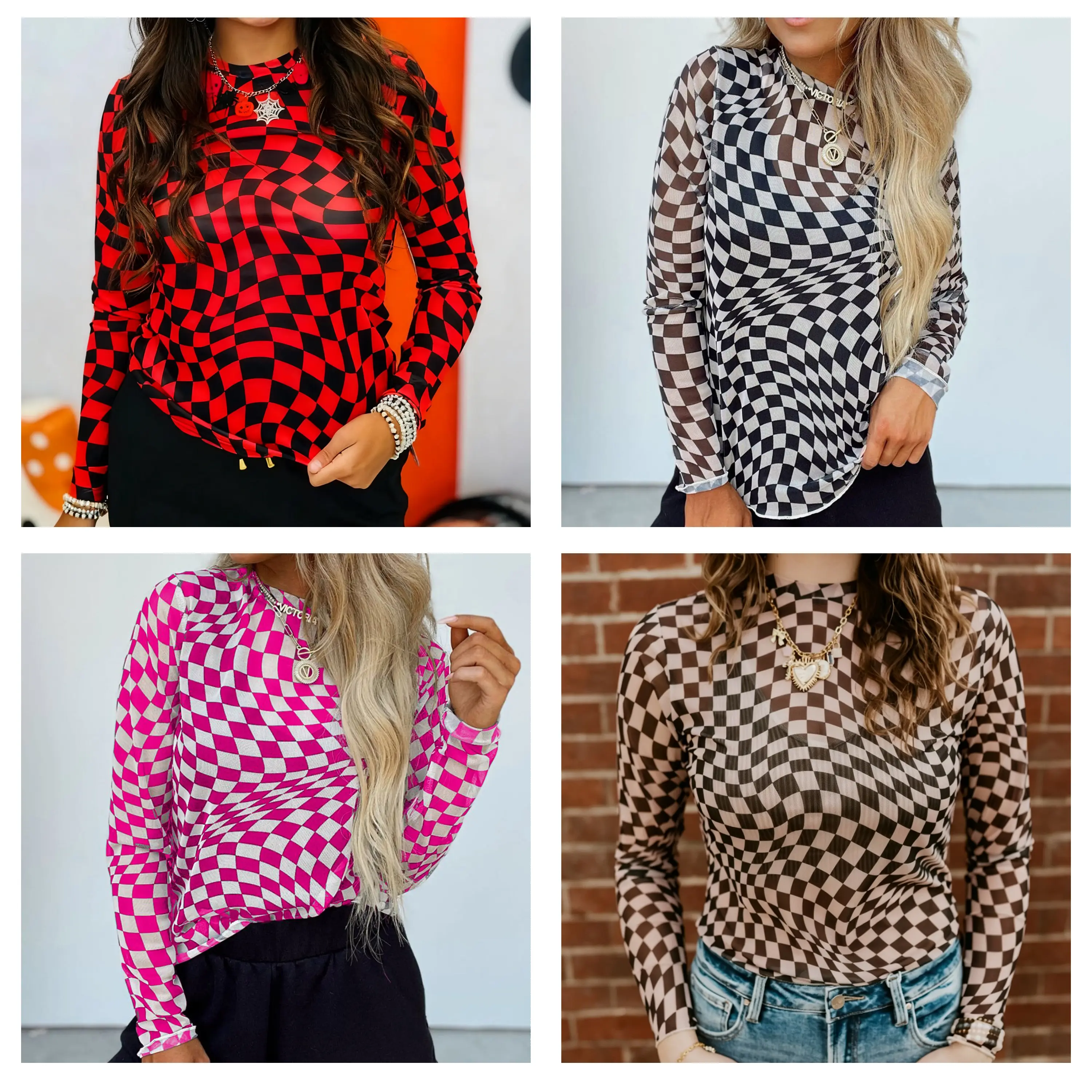 MULLVEIG Women's Comfortable Checkered Pattern Blouse - Mock Neck Long Sleeve Boutique Tops for Women, Pull-On Closure, Sheer Mesh Shows Skin Softly, Light & Breathable for Layers, Undershirt or Blouse for Workdays, Weekends
