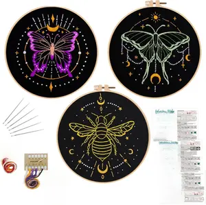 3 Sets Tarot Embroidery Kits for Beginners,Cross Stitch Kit for Adults,Crewel Starters Needlepoint with Moon, Butterfly, Bee and Moth Pattern and Tool