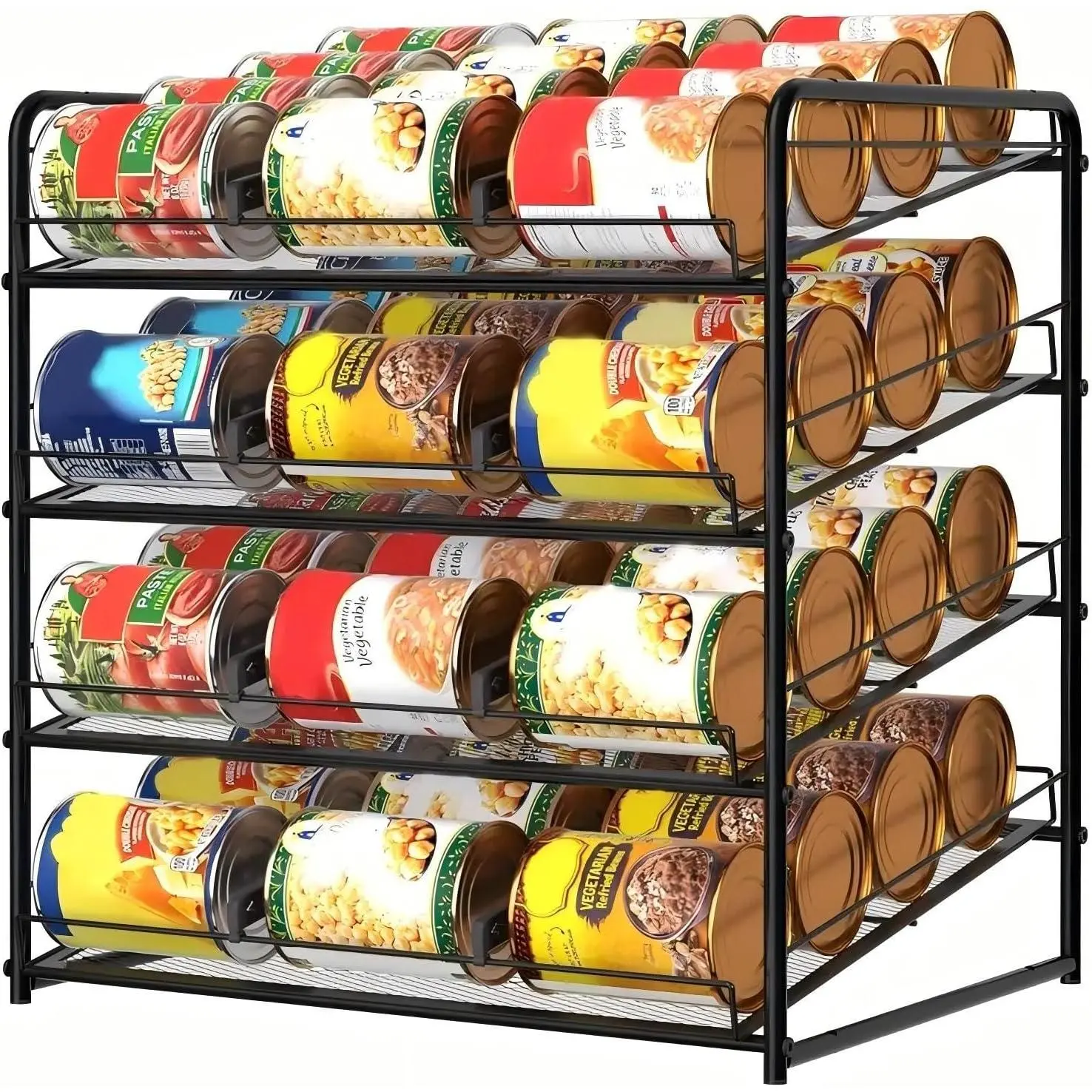Black Electroplating 4-Layer Metal Tin Rack Organizer, Stackable Adjustable Wire Standing Shelf, Kitchen Food & Beverage Display Storage Unit, 10 - 15 Kg Capacity Countertop Space-Saving Holder for 48 Cans/Jars