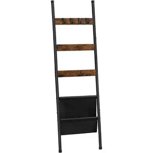 Blanket Ladder, 5 Tier Towel Rack, 17.3" L x 63" H, Wall-Leaning Blanket Rack for Living Room, Decorative Ladder with 4 Hooks and Magazine Pocket, Rustic Brown BF32CJ01