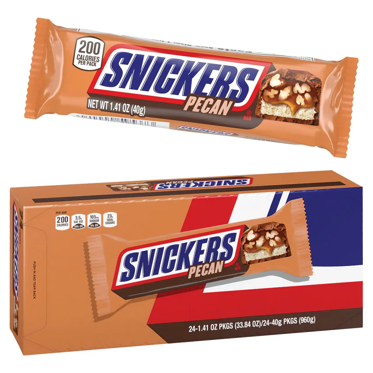 Snickers Pecan Chocolate Bar 24 ct. - Sweet and Crunchy Chocolate Bar with Pecans - 24 Count Pack Snack Bonbon Milk Sugar