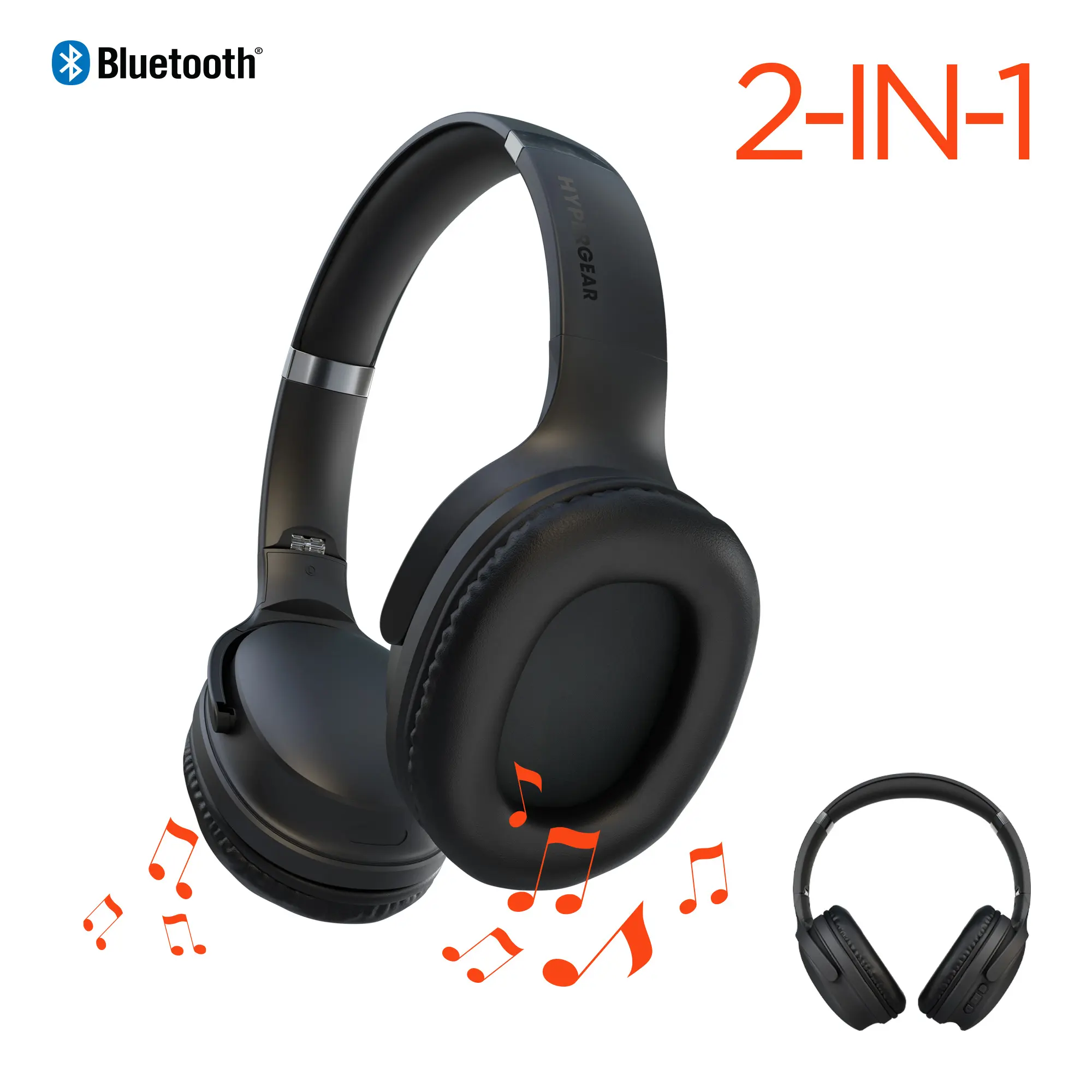 HyperGear Wireless Bluetooth Headphones - Foldable Dual Earphones, Flip Ear Cups Between Speaker and Headphone Mode for Comfort & Clear Sound, Black Audio Memory
