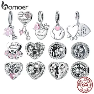 925 Sterling Silver Pink Zircon Pet Paw Pendant Charms Heart Shape Dog Beads for Women Bracelet and Necklace DIY SCC2434