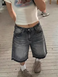 Y2K Streetwear Loose Fit Denim Bermuda Shorts, Grunge Denim Shorts, Denim Fabric Shorts, Cotton Slant Pocket Design, Summer Casual Wear, Trendy Wide Leg Denim Jeans for All Seasons, Bottom, Womenswear