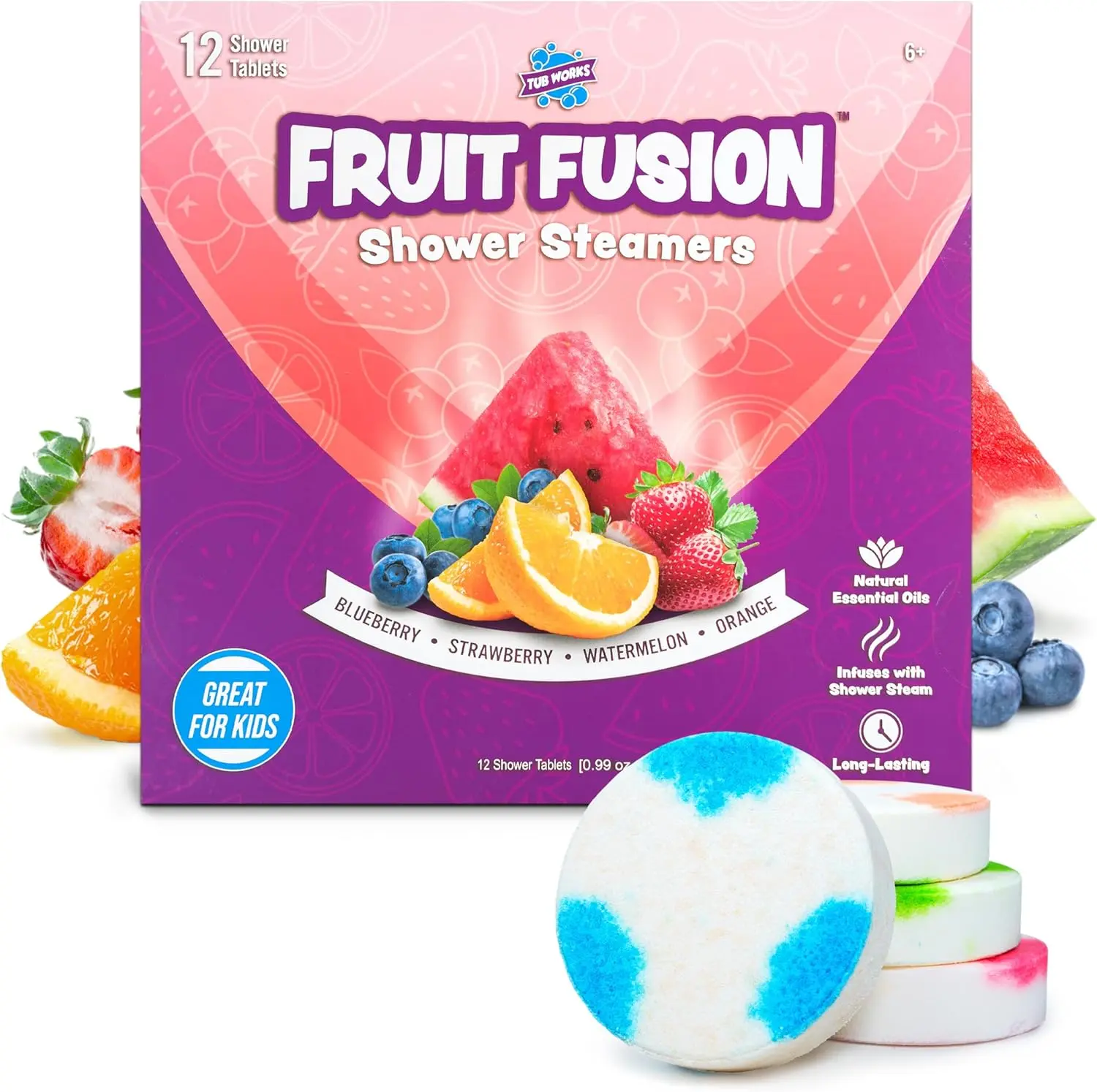 Tub Works Fruit Fusion Shower Steamers for Kids Variety 12 Pack - Blueberry Strawberry Watermelon & Orange Scents - Cleansing Herbal Soap Body Hygiene Products