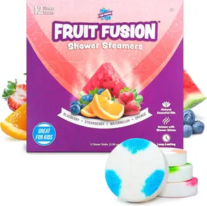 Tub Works Fruit Fusion Shower Steamers for Kids Variety 12 Pack - Blueberry Strawberry Watermelon & Orange Scents - Cleansing Herbal Soap Body Hygiene Products