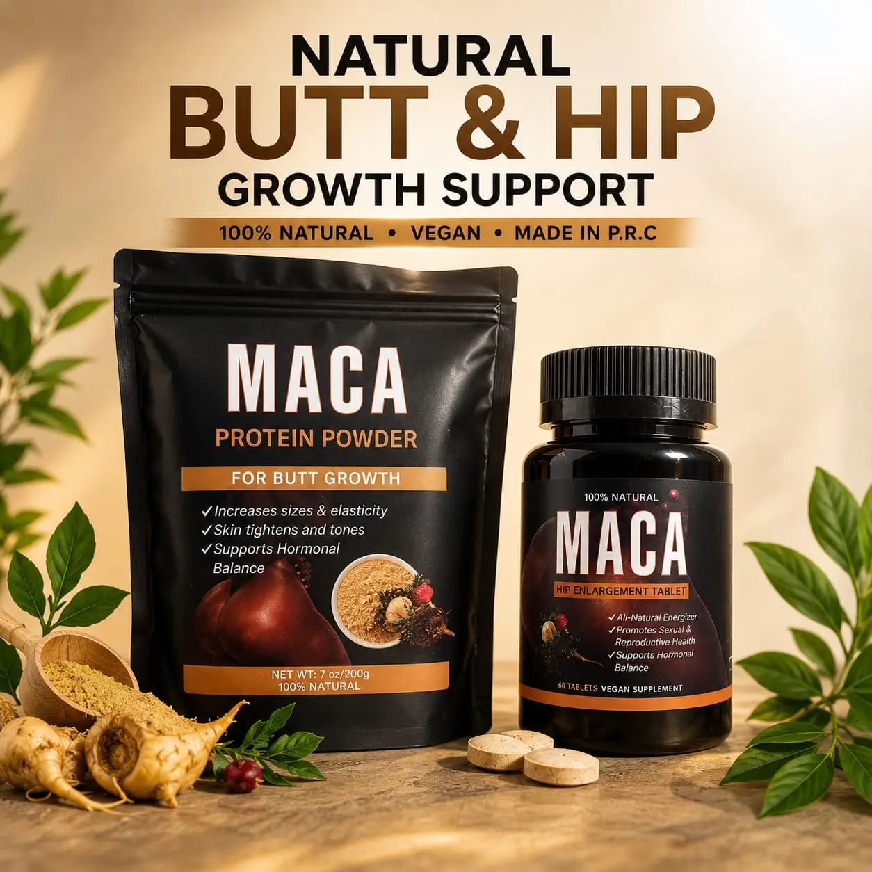 Edible Maca Protein Powder & Hip Enlargement Tablet Kit - Healthcare Dietary Supplement for Fitness Enthusiasts