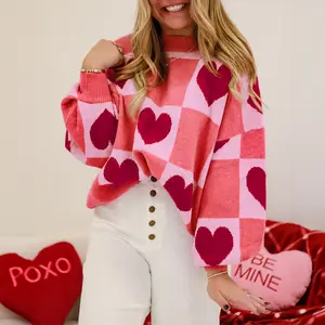 Plus Size Valentine Sweater Love Heart Color Block Mock Neck Lantern Sleeve Pullover Size S-4X for Anniversaries & Dates Valentine's Day Tone-on-Tone Contrast Knitwear