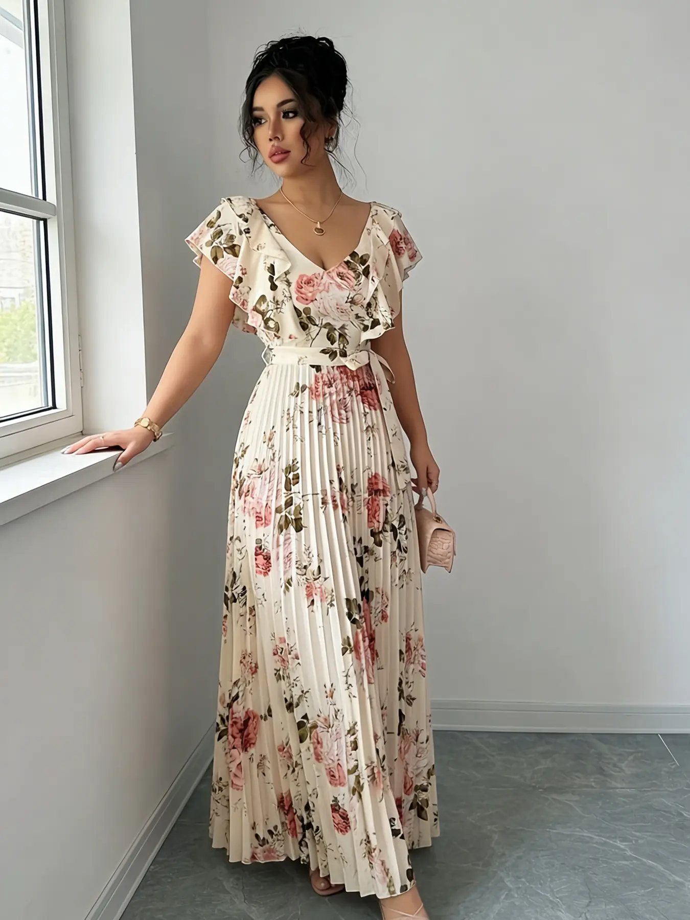 A women's apricot colored fashionable Floral rose print pleated long dress, with a gentle print and a flowing pleated skirt suitable for commuting to work, shopping and outdoor activities, indoor and outdoor dressing, Casual Fashionable Dress