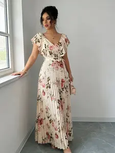 A women's apricot colored fashionable Floral rose print pleated long dress, with a gentle print and a flowing pleated skirt suitable for commuting to work, shopping and outdoor activities, indoor and outdoor dressing, Casual Fashionable Dress