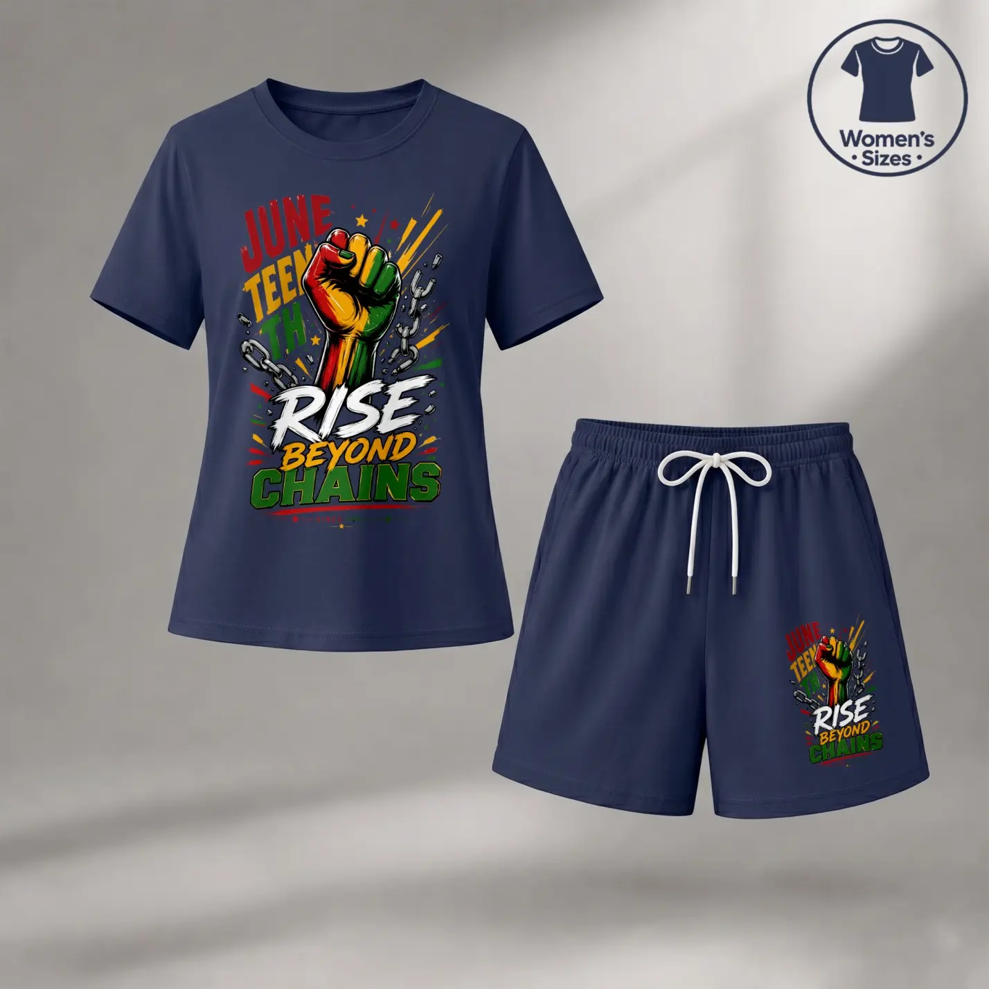 Women’s Juneteenth Matching Set, Rise Beyond Chains Print Short Sleeve Tee and Drawstring Shorts 2 Piece Outfit, Casual Summer Lounge Activewear Set for Holiday Events, Everyday Wear and Relaxed Style